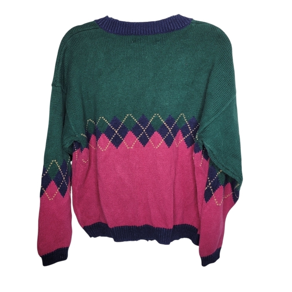 Vintage 80s Geometric Colorblock Cardigan Size Medium in Green Pink Blue - Picture 2 of 3